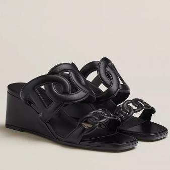 Hermes Black Nappa Leather Figari 55mm Wedge Sandals