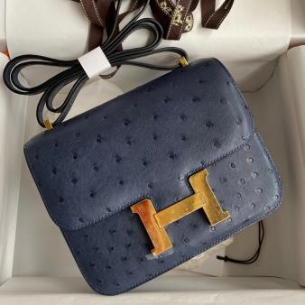 Hermes Blue Iris Ostrich Leather Constance 18 Handmade Bag