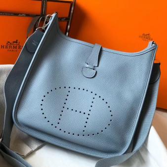 Hermes Blue Lin Clemence Leather Evelyne III 29 PM Bag