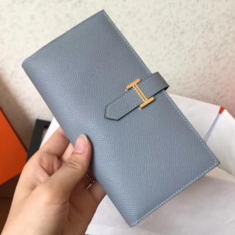 Hermes Blue Lin Epsom Gusset Bearn Wallet