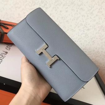 Hermes Blue Lin Epsom Leather Constance Long Wallet