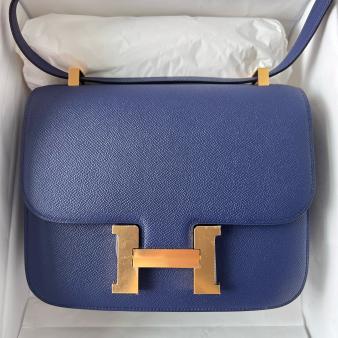 Hermes Blue Saphir Epsom Calfskin Constance 24 Handmade Bag