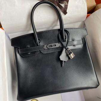 Hermes Box Calfskin Black Birkin 30 Retourne Handmade Bag