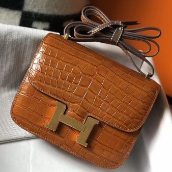 Hermes Brown Embossed Crocodile Constance 18 Handmade Bag