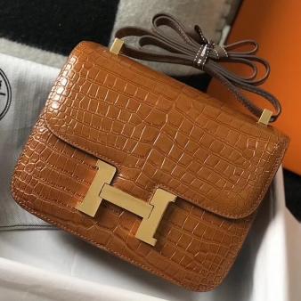 Hermes Brown Embossed Crocodile Constance 24cm Bag