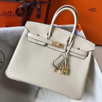 Hermes Clemence Leather 25cm Birkin Bag In Beton with Gold Hardware