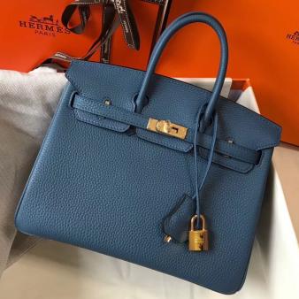 Hermes Clemence Leather 25cm Birkin Bag In Blue Agate with Gold Hardware