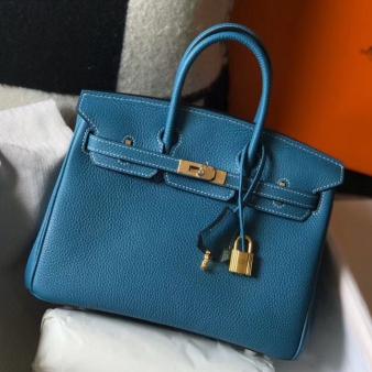 Hermes Clemence Leather 25cm Birkin Bag In Blue Jean with Gold Hardware