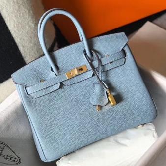 Hermes Clemence Leather 25cm Birkin Bag In Blue Lin with Gold Hardware