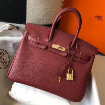 Hermes Clemence Leather 25cm Birkin Bag In Bordeaux with Gold Hardware