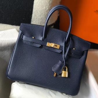 Hermes Clemence Leather 25cm Birkin Bag In Navy Blue with Gold Hardware