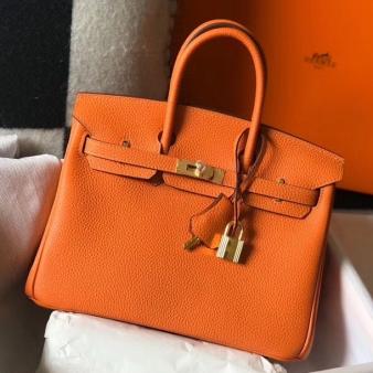 Hermes Clemence Leather 25cm Birkin Bag In Orange with Gold Hardware