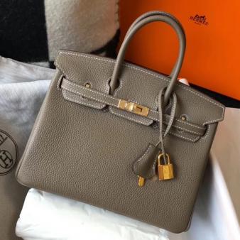 Hermes Clemence Leather 25cm Birkin Bag In Taupe with Gold Hardware