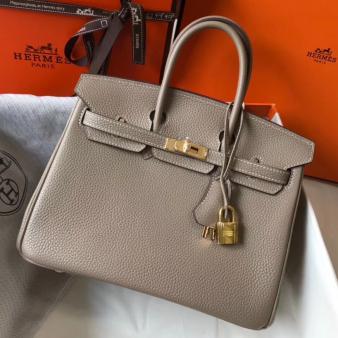 Hermes Clemence Leather 25cm Birkin Bag In Tourterelle with Gold Hardware