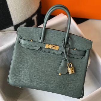 Hermes Clemence Leather 25cm Birkin Bag In Vert Amande with Gold Hardware