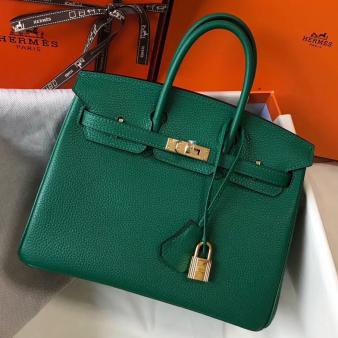 Hermes Clemence Leather 25cm Birkin Bag In Vert Vertigo with Gold Hardware