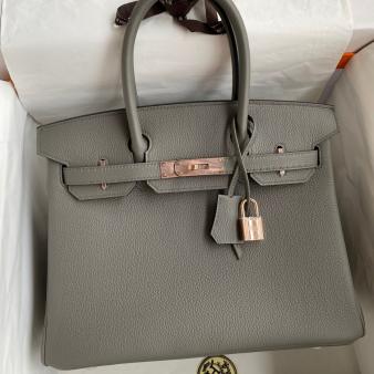 Hermes Clemence Leather 30 Retourne Handmade Bag In Gris Meyer