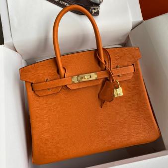 Hermes Clemence Leather 30 Retourne Handmade Bag In Orange