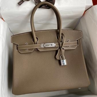 Hermes Clemence Leather 30 Retourne Handmade Bag In Taupe