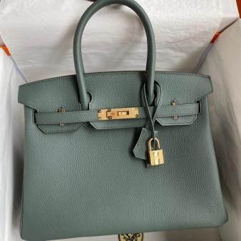 Hermes Clemence Leather 30 Retourne Handmade Bag In Vert Amande