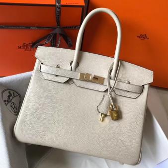 Hermes Clemence Leather 30cm Birkin Bag In Beton with Gold Hardware