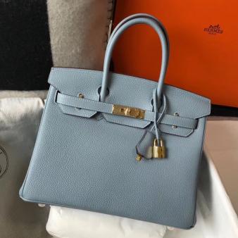 Hermes Clemence Leather 30cm Birkin Bag In Blue Lin with Gold Hardware