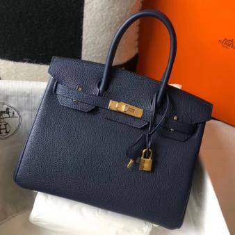 Hermes Clemence Leather 30cm Birkin Bag In Dark Blue with Gold Hardware