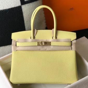 Hermes Clemence Leather 30cm Birkin Bag In Jaune Poussin with Gold Hardware