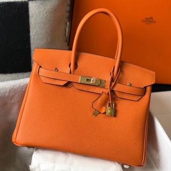 Hermes Clemence Leather 30cm Birkin Bag In Orange with Gold Hardware