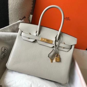 Hermes Clemence Leather 30cm Birkin Bag In Pearl Grey with Gold Hardware