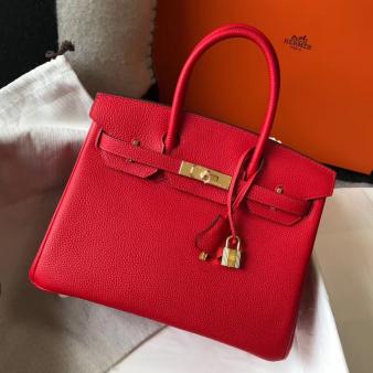 Hermes Clemence Leather 30cm Birkin Bag In Red with Gold Hardware