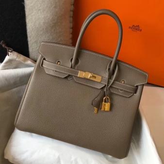 Hermes Clemence Leather 30cm Birkin Bag In Taupe with Gold Hardware