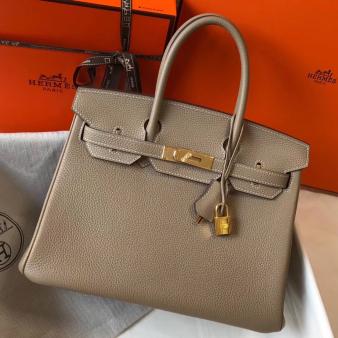 Hermes Clemence Leather 30cm Birkin Bag In Tourterelle with Gold Hardware