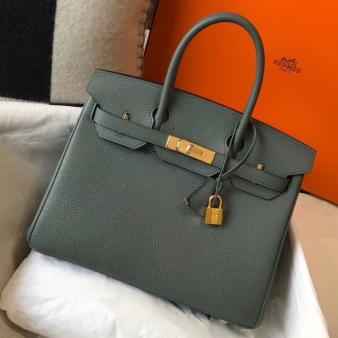 Hermes Clemence Leather 30cm Birkin Bag In Vert Amande with Gold Hardware