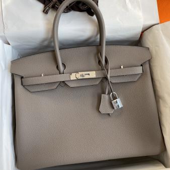 Hermes Clemence Leather 35 Retourne Handmade Bag In Gris Asphalt