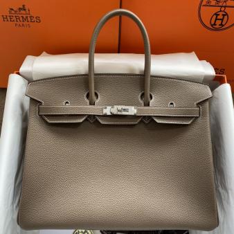 Hermes Clemence Leather 35 Retourne Handmade Bag In Taupe