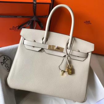 Hermes Clemence Leather 35cm Birkin Bag In Beton with Gold Hardware