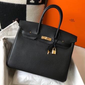 Hermes Clemence Leather 35cm Birkin Bag In Black with Gold Hardware