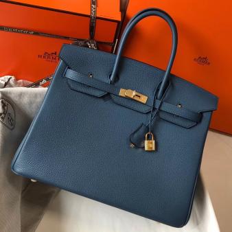 Hermes Clemence Leather 35cm Birkin Bag In Blue Agate with Gold Hardware