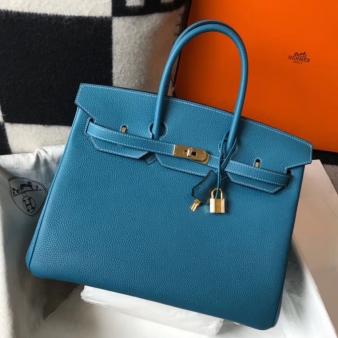 Hermes Clemence Leather 35cm Birkin Bag In Blue Jean with Gold Hardware