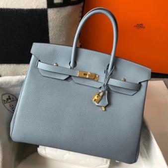 Hermes Clemence Leather 35cm Birkin Bag In Blue Lin with Gold Hardware