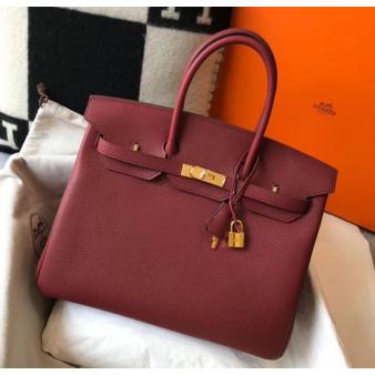 Hermes Clemence Leather 35cm Birkin Bag In Bordeaux with Gold Hardware