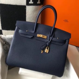 Hermes Clemence Leather 35cm Birkin Bag In Dark Blue with Gold Hardware