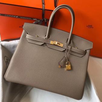 Hermes Clemence Leather 35cm Birkin Bag In Gris Tourterelle with Gold Hardware