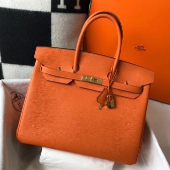 Hermes Clemence Leather 35cm Birkin Bag In Orange with Gold Hardware