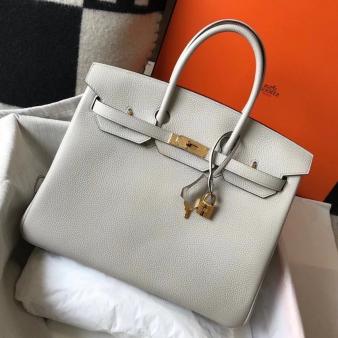 Hermes Clemence Leather 35cm Birkin Bag In Pearl Grey with Gold Hardware