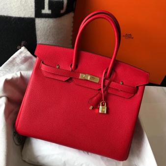 Hermes Clemence Leather 35cm Birkin Bag In Red with Gold Hardware