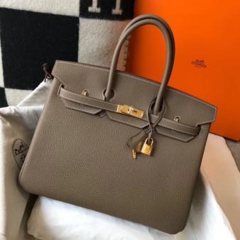 Hermes Clemence Leather 35cm Birkin Bag In Taupe Grey with Gold Hardware