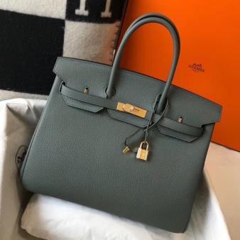 Hermes Clemence Leather 35cm Birkin Bag In Vert Amande with Gold Hardware