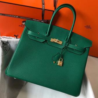 Hermes Clemence Leather 35cm Birkin Bag In Vert Vertigo with Gold Hardware